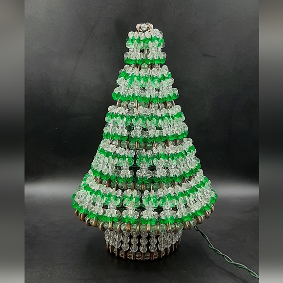 Vintage Handmade Saftely Pin Beaded Green Christmas Tree 10" String Lights - Picture 1 of 5